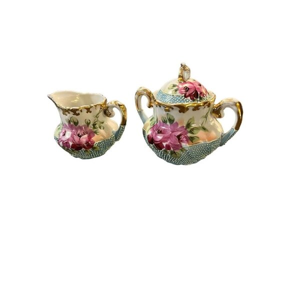 Antique Cabbage Rose with Bead Textured Design Small Creamer and Sugar Bowl - Picture 1 of 16